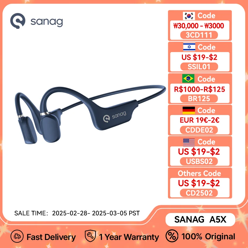 Sanag A5X True Bone Conduction سماعة أذن مفتوحة بلوتوث سماعات رياضية لاسلكية مقاومة للماء صوت ستيريو ثلاثي الأبعاد