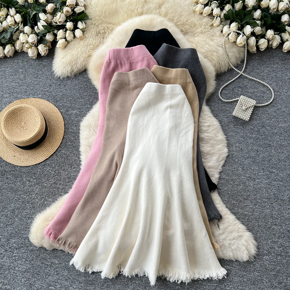 

Women Knitted Solid Skirts Mermaid Ankle Lenth Skirt High Elastic Waist Skinny Slim Fit Office Lady Casual 2025 Autumn Winter