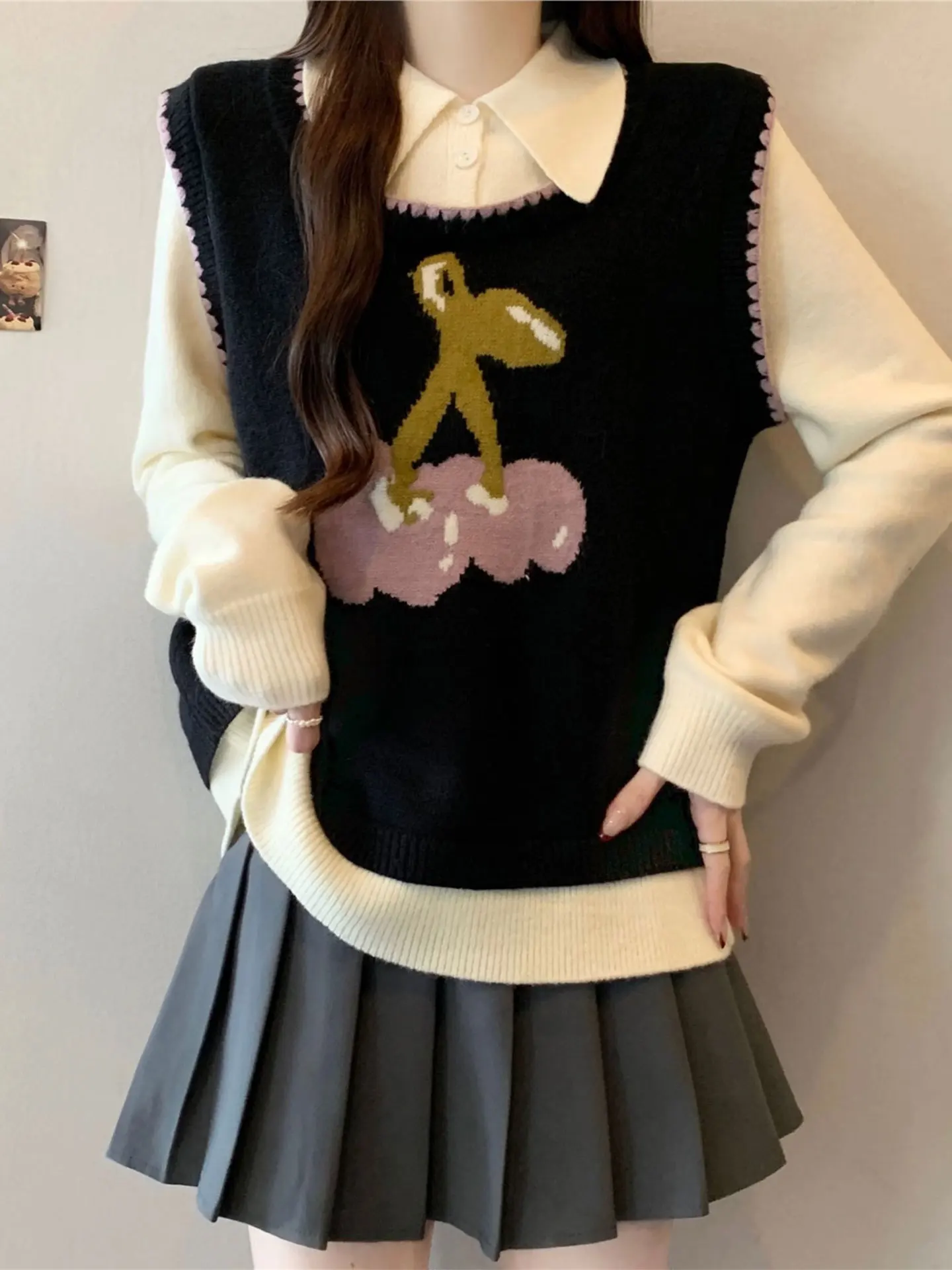 

Вязаный свитер с вишневым узором Ne Long Sve, женский Ele, большой размер, осень-зима, повседневный, мягкая полиэфирная ткань