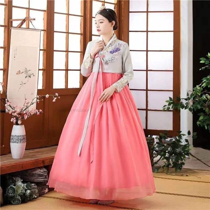 Korean Traditional Dance Performance Costumes With Gold Foil Printing Hanbok Dress Women Festival Wear Hanbok Dress