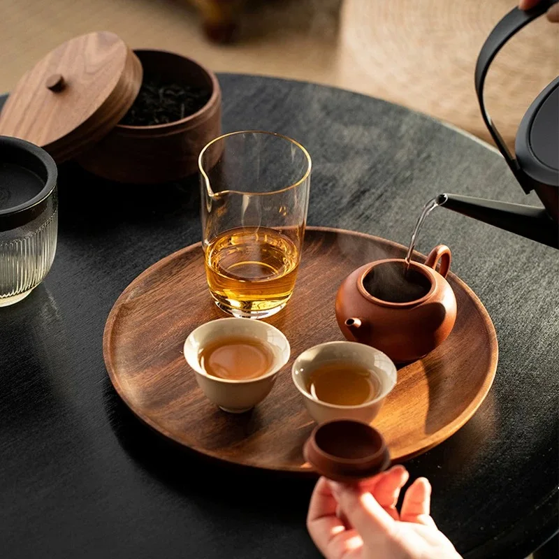 Solid Wood Tea Tray Japanese Walnut Dry Bubble Plate Round Type Plate Meal Wooden Tableware Household Snacks Dry Fruit Plate