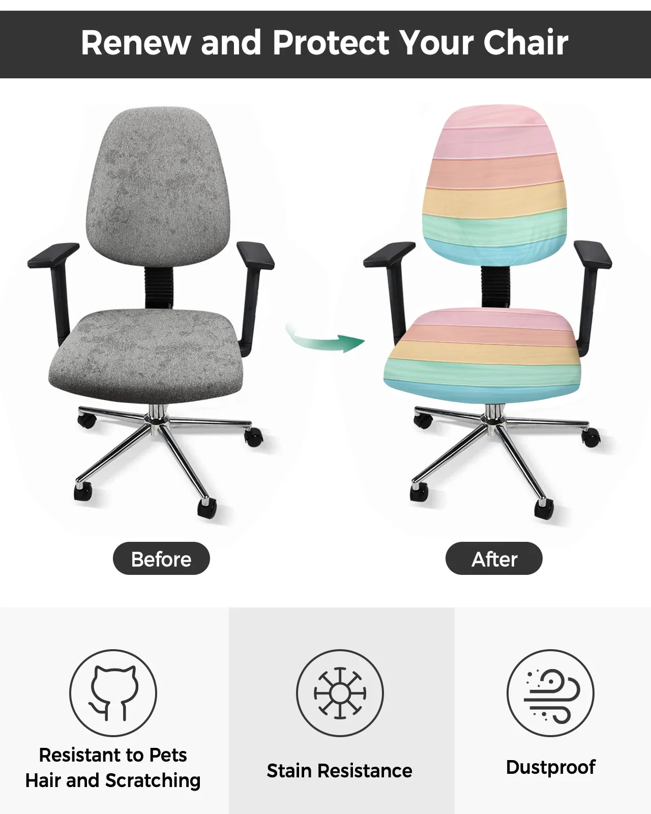 Wood Grain Candy Rainbow Elastic Armchair Computer Chair Cover Stretch Removable Office Chair Slipcover Split Seat Covers