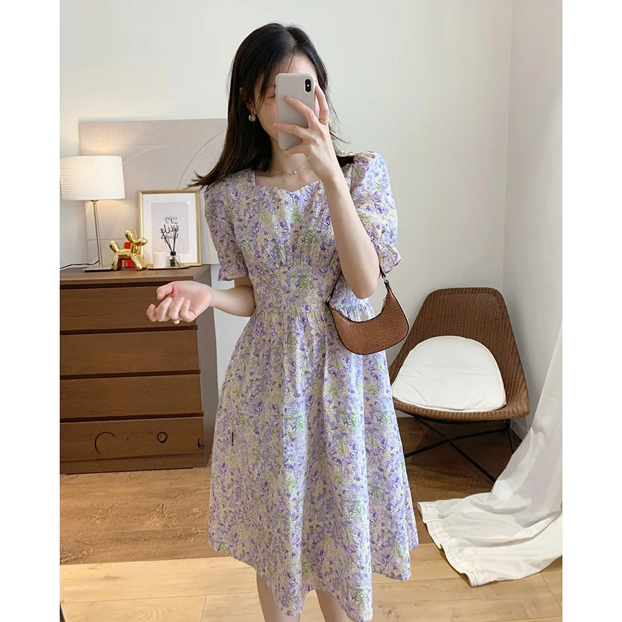 Ele Summer 2023 Floral Print Midi Dr High Waist Bubble Sve Square Collar French Sle Cotton Gown Gentlewomanly