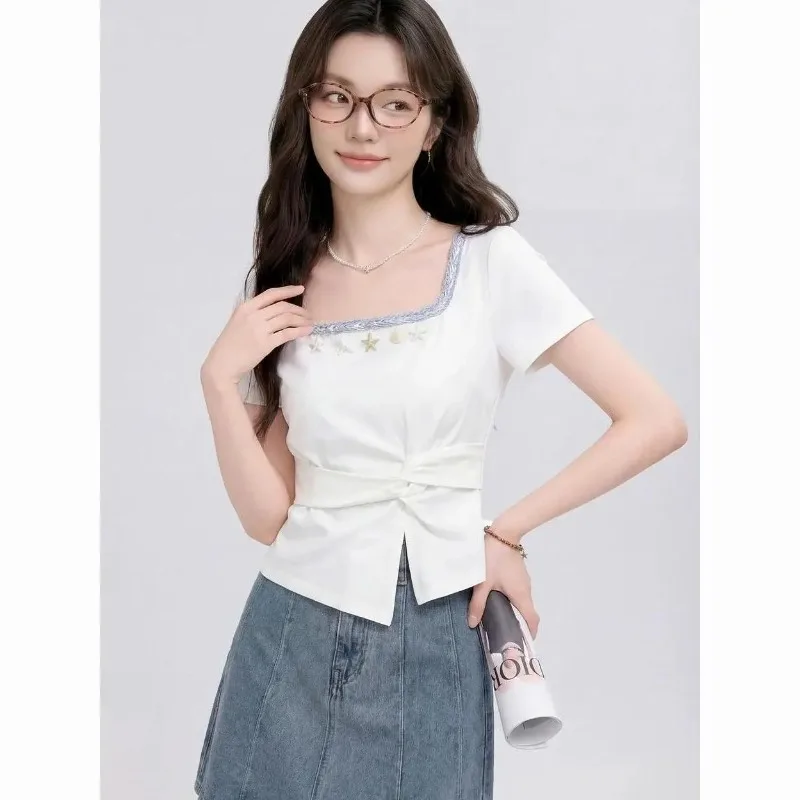 Women Cotton Square Neck Short Sleeve Top With Seashell Starfish Decor Twisted Waist Irregular Hem Slim Fit Blouse