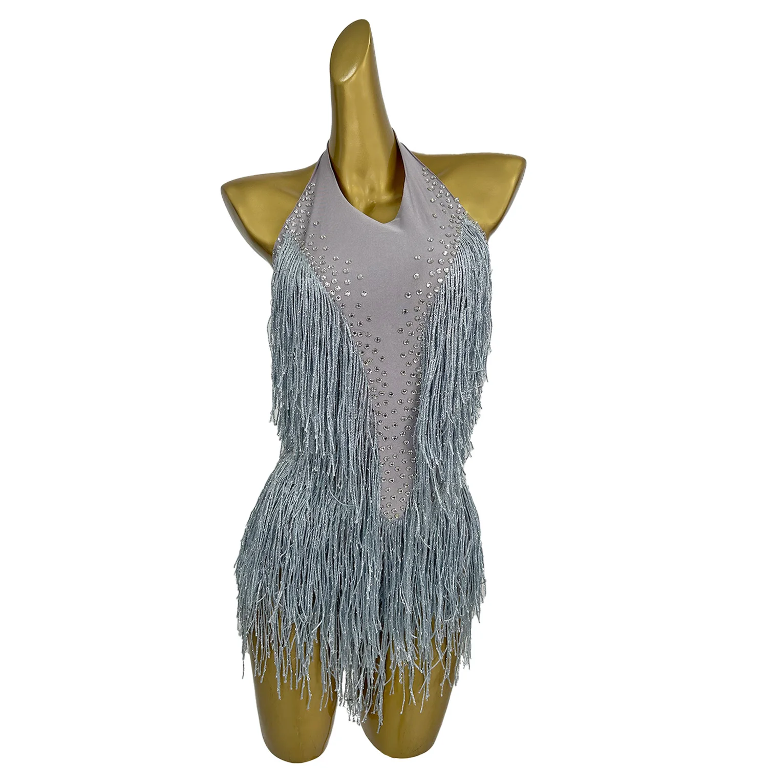 

Fashion Gray Neck Hanging Tassel Mini Skirt Gymnastics Acrobatics Performance Jumpsuit Latin Dance Skirt Beach Pool Party Dress