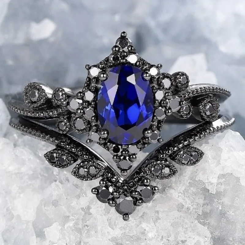 European and American fashion new gun black jewelry, navy blue zircon inlaid double-layer women\'s ring