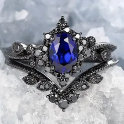 European and American fashion new gun black jewelry, navy blue zircon inlaid double-layer women's ring