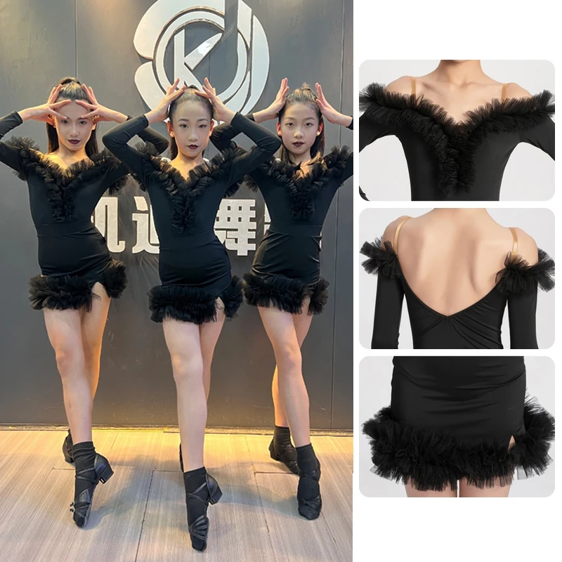 

Latin Dance Girl Costume Black Off Shoulder Dance Dress Long Sleeve Bodysuit Skirt Set Cha Cha Samba Performance Clothes AMY1731