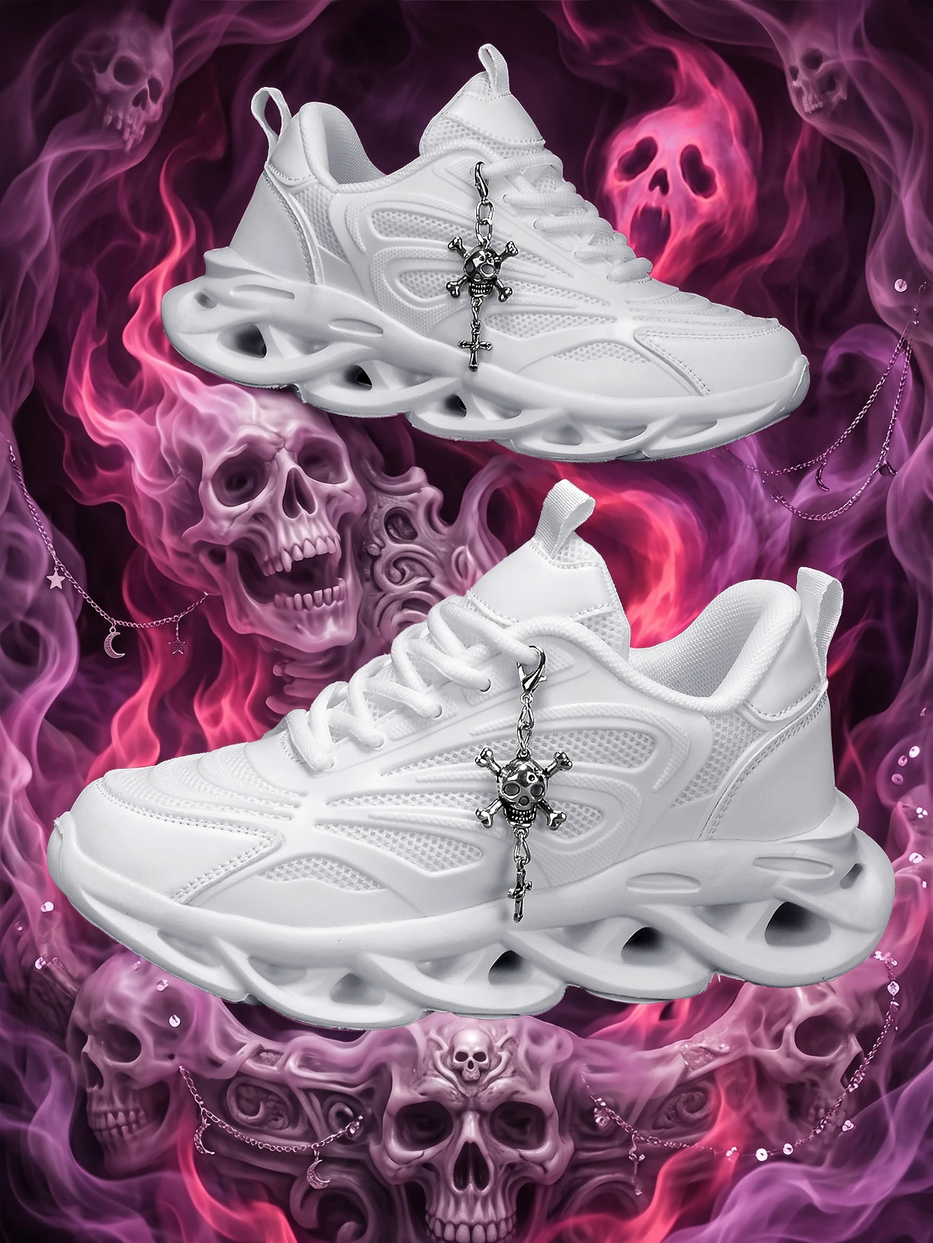 Women's outdoor all-season chunky sneakers, Y2K style with a 5CM thick sole for added height, white sports shoes, featuring detachable silver cross skull decorative charms, combined with breathable mesh and a lightweight EVA sole, versatile trendy shoes for everyday commuting and shopping for young women