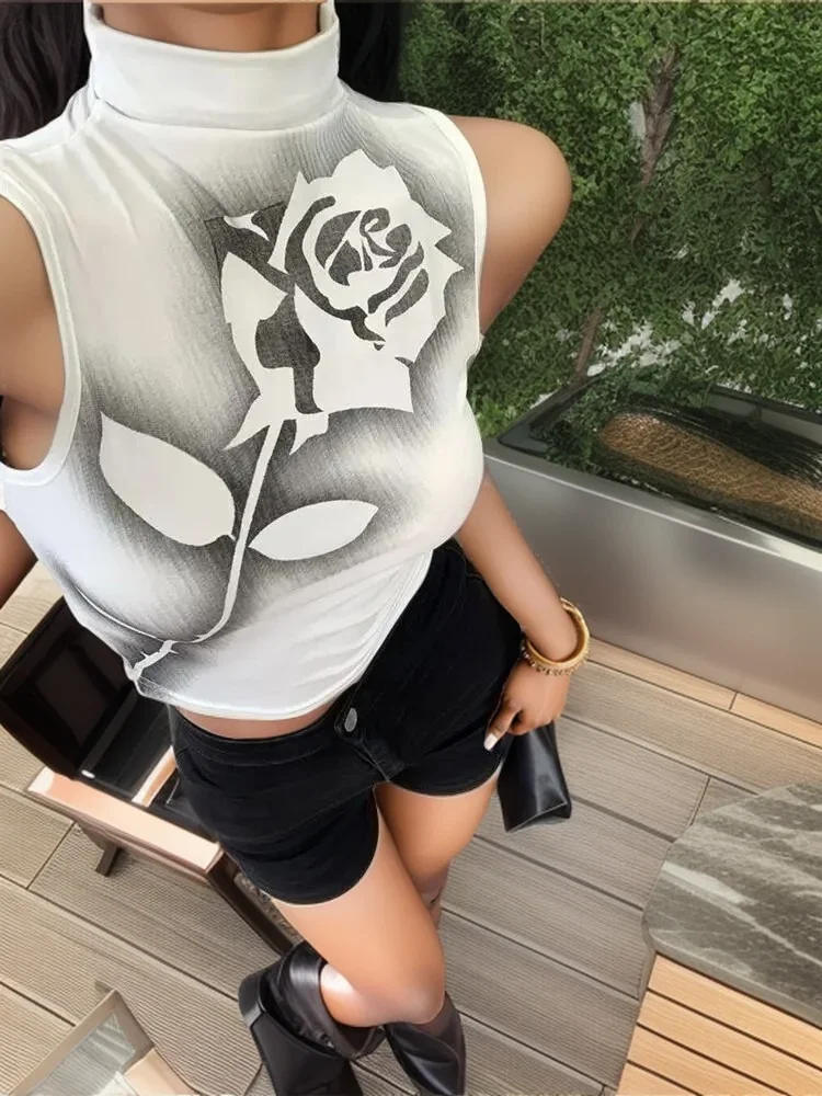 

Vest Gothic Rose Print Vest Aesthetic Cropped Top Sleeveless Tank Top Harajuku Streetwear Black Summer Tops Women Slim Fit