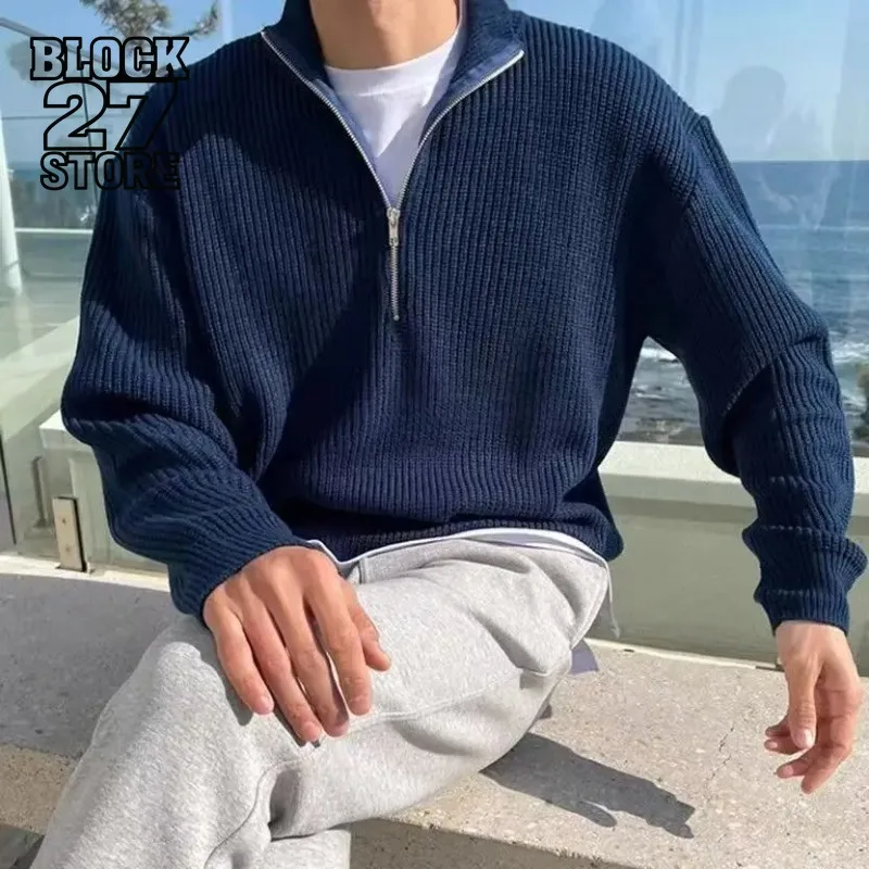 

Harajuku Autumn Winter Knitted Jacket Men Half Zip Pullover Korean Style Minimalist Solid Color Casual Sweater Outerwear Fashion