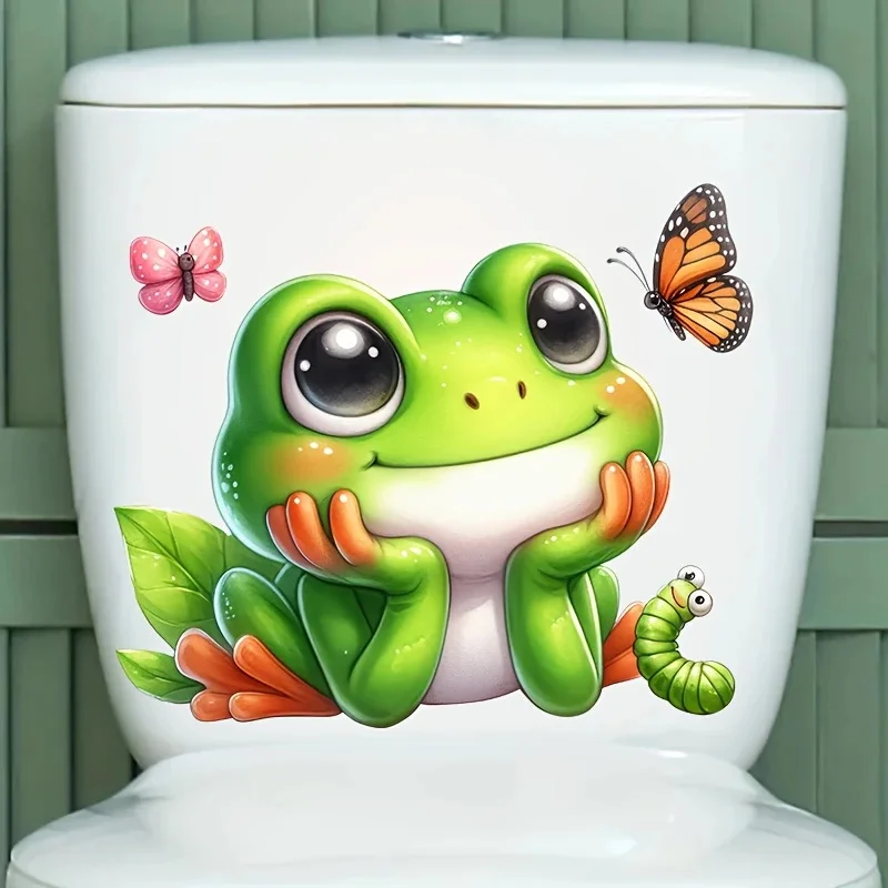 

MT1320# Cute Frog and Butterfly Toilet Decal - Whimsical Cartoon Design Waterproof Easy to Apply & Clean, Adds Playful Nature