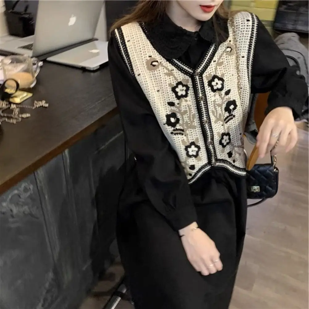 Rompi bunga Crochet bordir tanpa lengan rompi Sweater rajutan Hollow Out kerah V kardigan rompi jumper gaya Korea atasan rompi