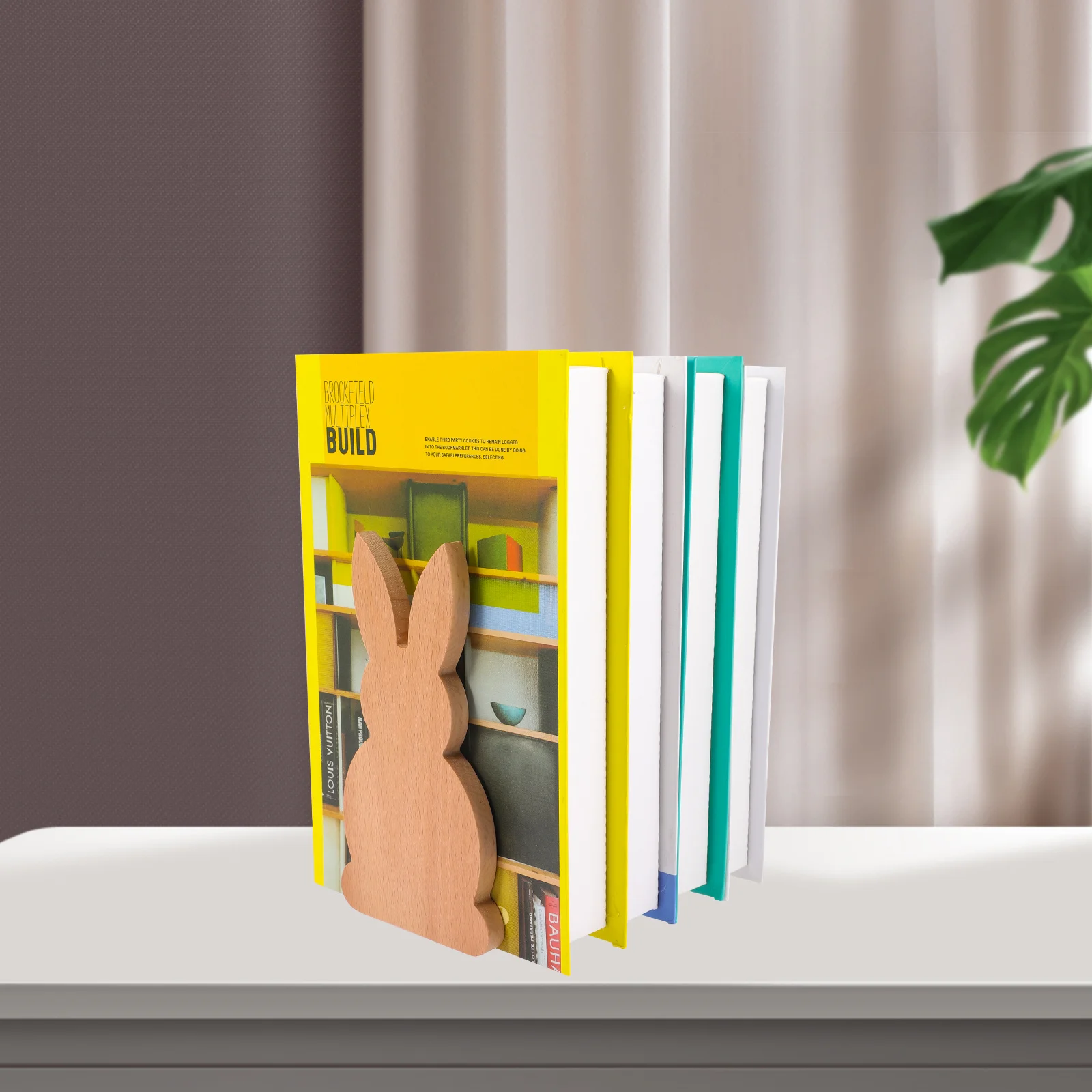 

Wooden Rabbit Bookend Cute Cartoon Design Desktop Shelf Book Stopper Decorative Animal Bookends for Home Office School Library