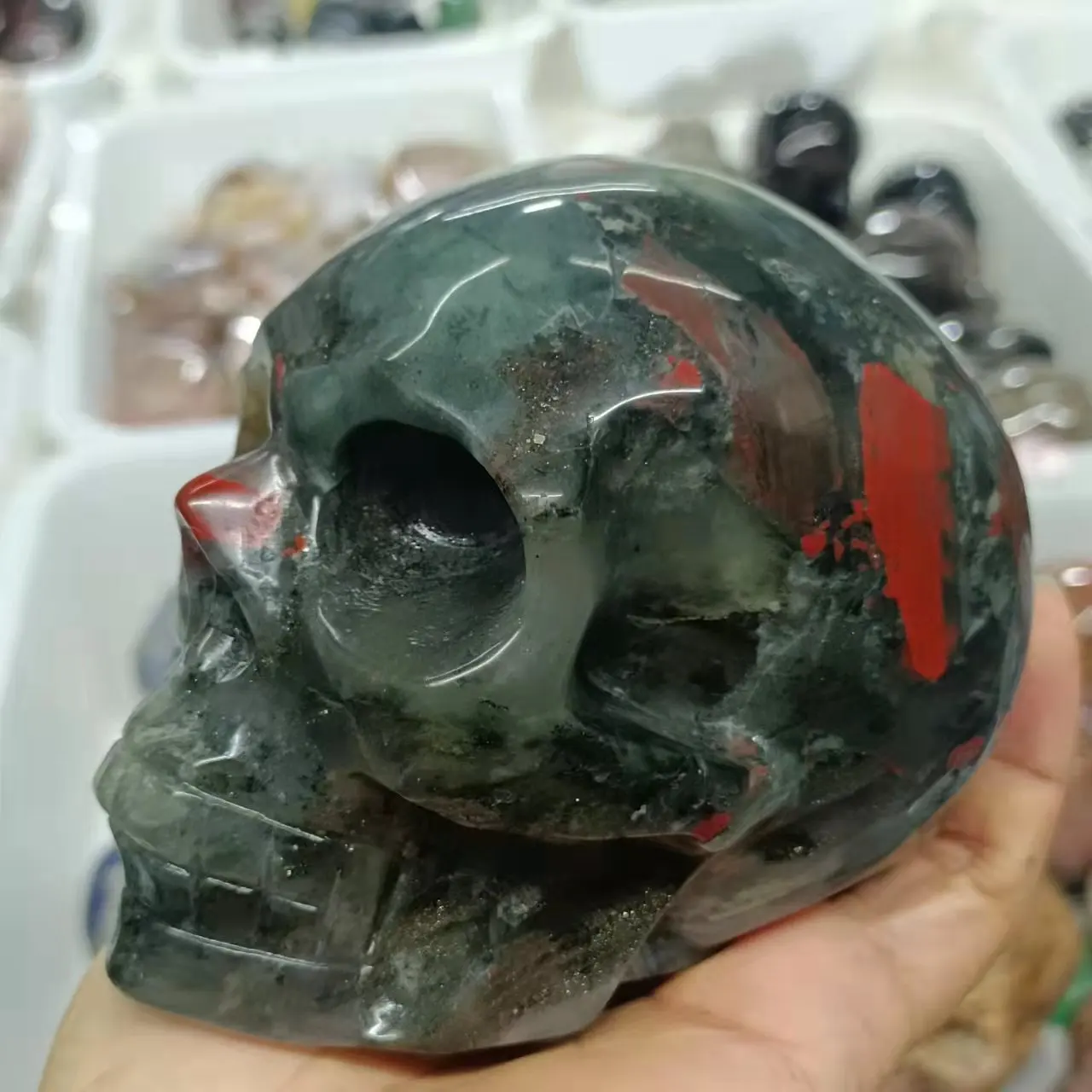 NATURAL DRAGON BLOOD  SKULL, STONE SKULL, REALLY THE BIGGER THE MORE BEAUTIFUL, WITH A POWERFUL LOVE HEALING STONE