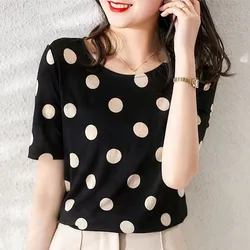 Polka Dot 2024 Korean Loose Women All-match Elegance Round Neck Fashion Short Sleeved T-shirt Appear Thin Temperament Dots Tops