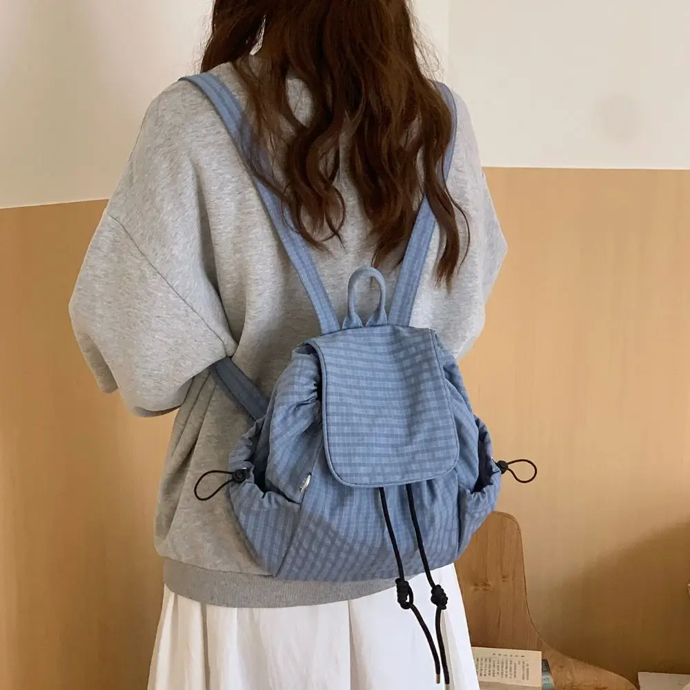 

Fashion Solid Color Drawstring Backpacks Korean Canvas Plaid Nylon Backpacks Light Weight Casual Student Schoolbag Men Women