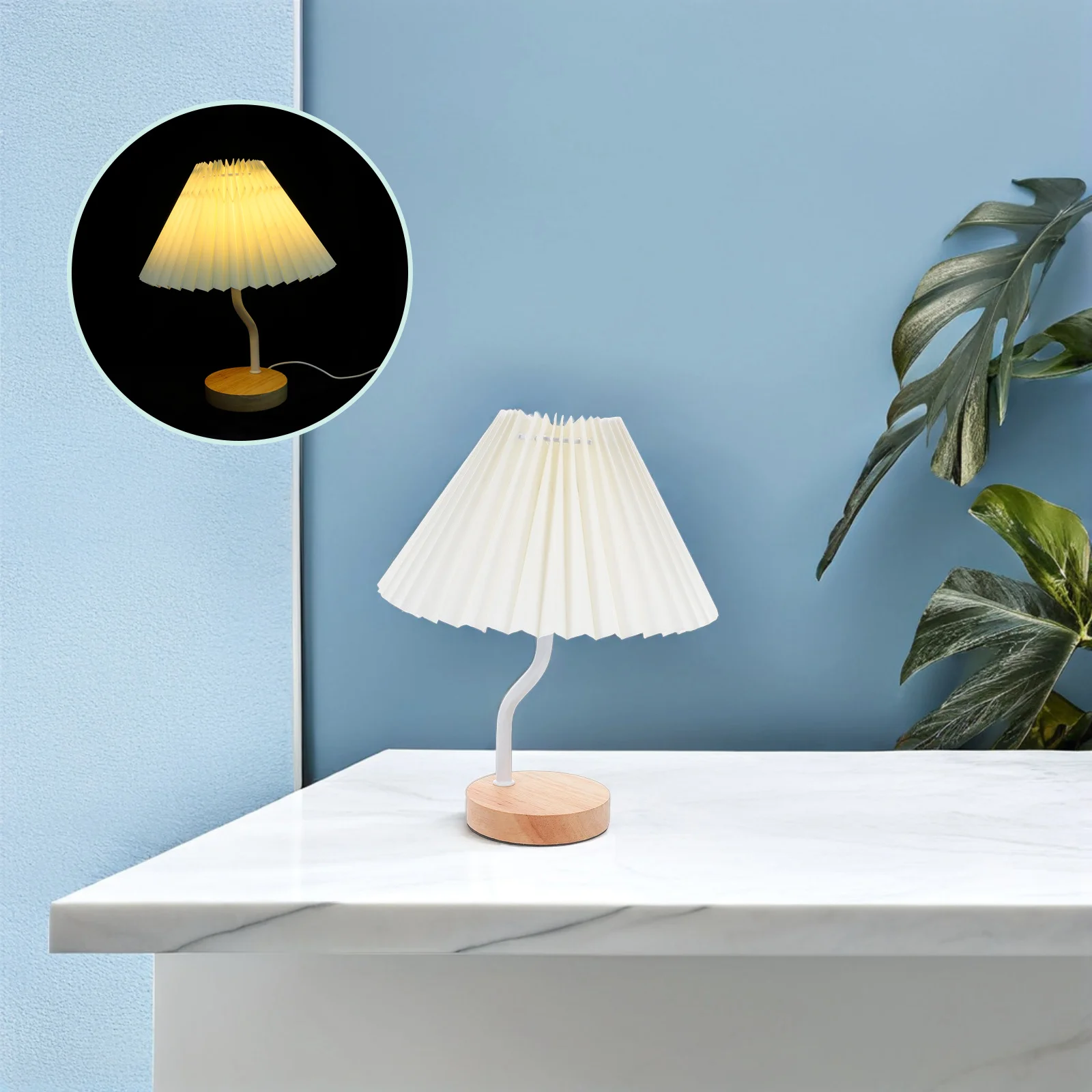

Pleated Bedside Lamp USB Dimmable Wood Base Cloth Lampshade Small Modern Nightstand Light Bedroom Decor Small Table Lamp