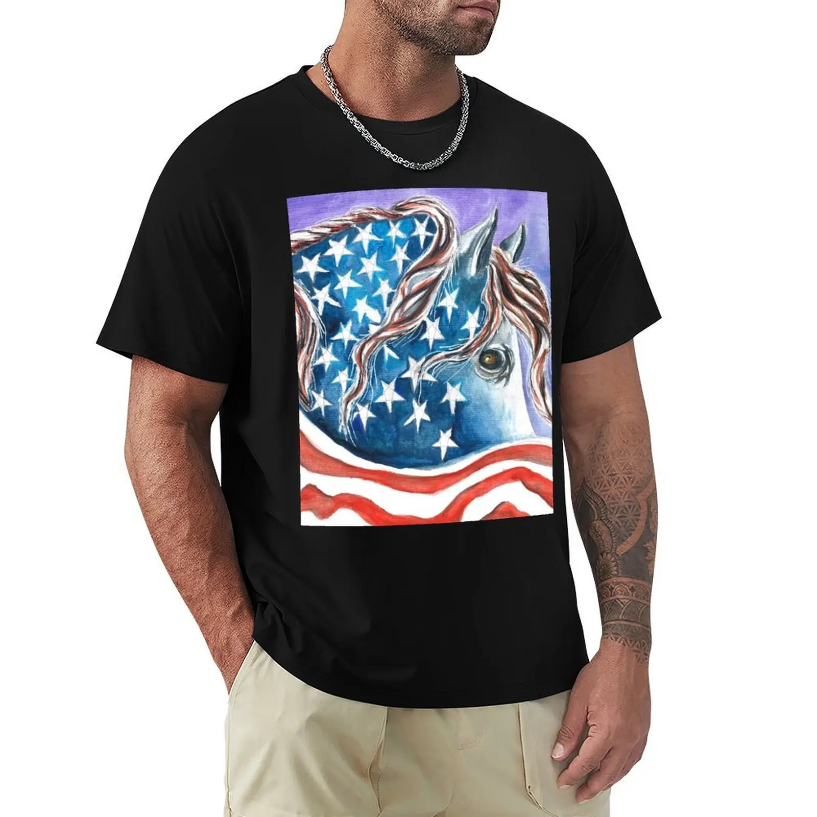 

Patriotic Horse with American Flag T-Shirt plain new edition T-shirts oversize croswit shirt man t shirt men 100℅ cotton