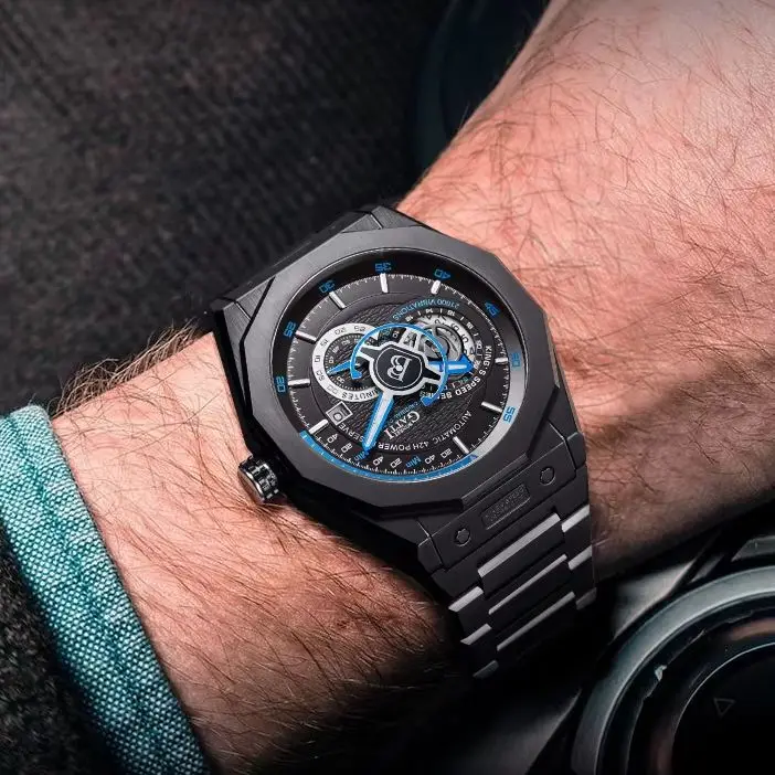 

BONEST GATTI Мужские автоматические часы 42,5 мм Механические наручные часы 50 м Водонепроницаемые сапфировые светящиеся скелетонизированные циферблаты Маленький секундный циферблат