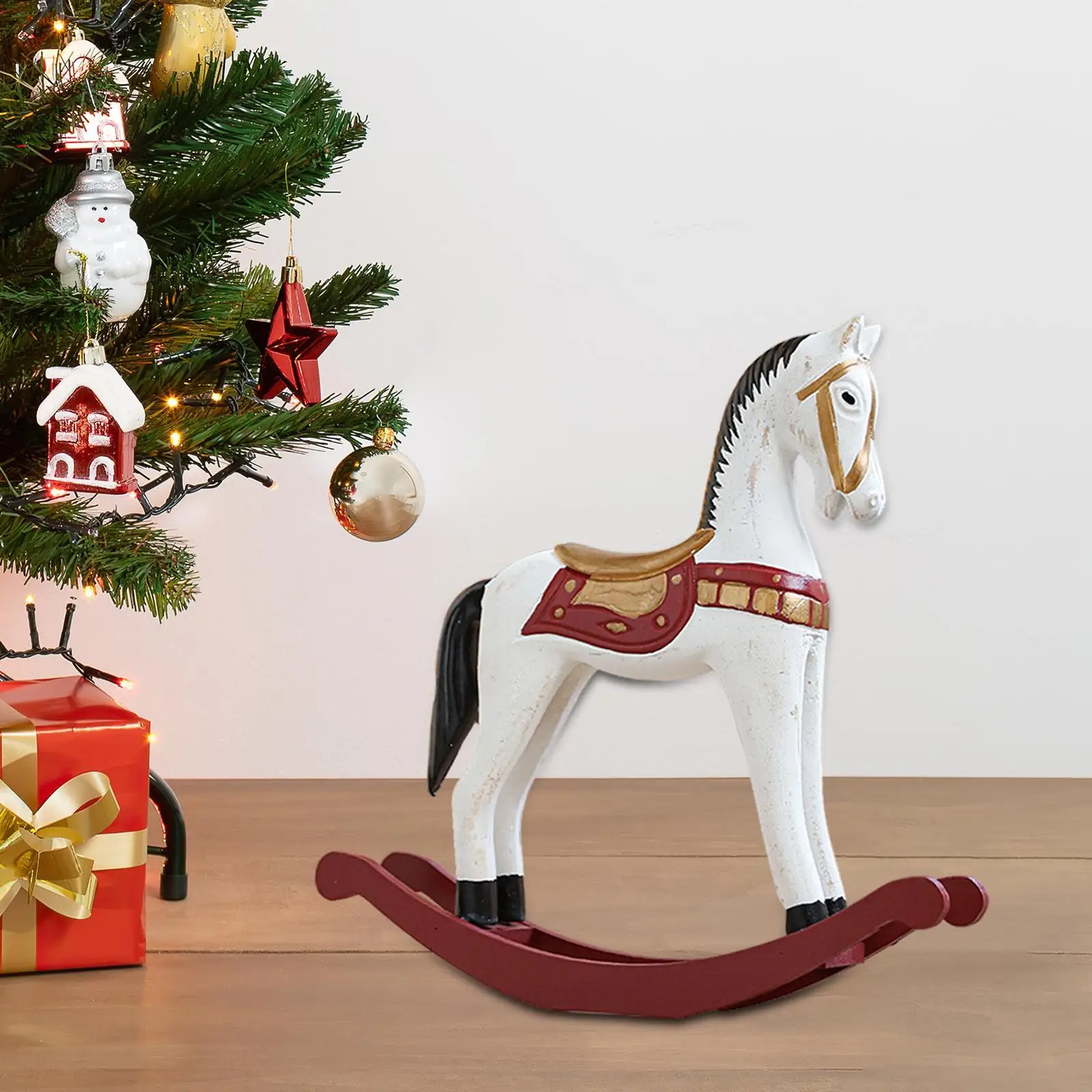 Christmas Rocking Horse Statue Animal Sculpture for Living Room Indoor Shelf