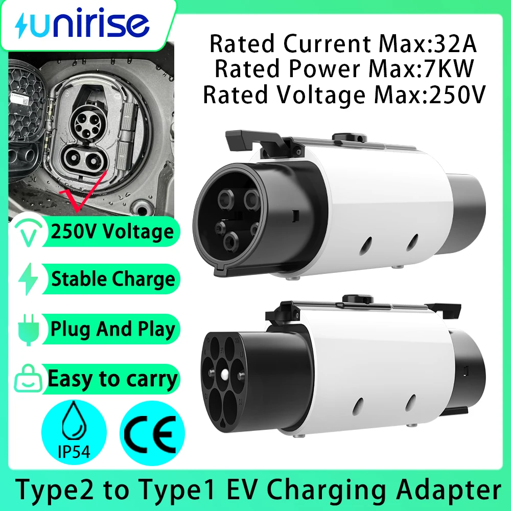 

Адаптер для зарядки электромобилей Unirise 32A 250V, Type2 на Type1, IEC 62196 на J1772, коннектор для электромобилей, преобразователь для зарядки переменным током 7 кВт