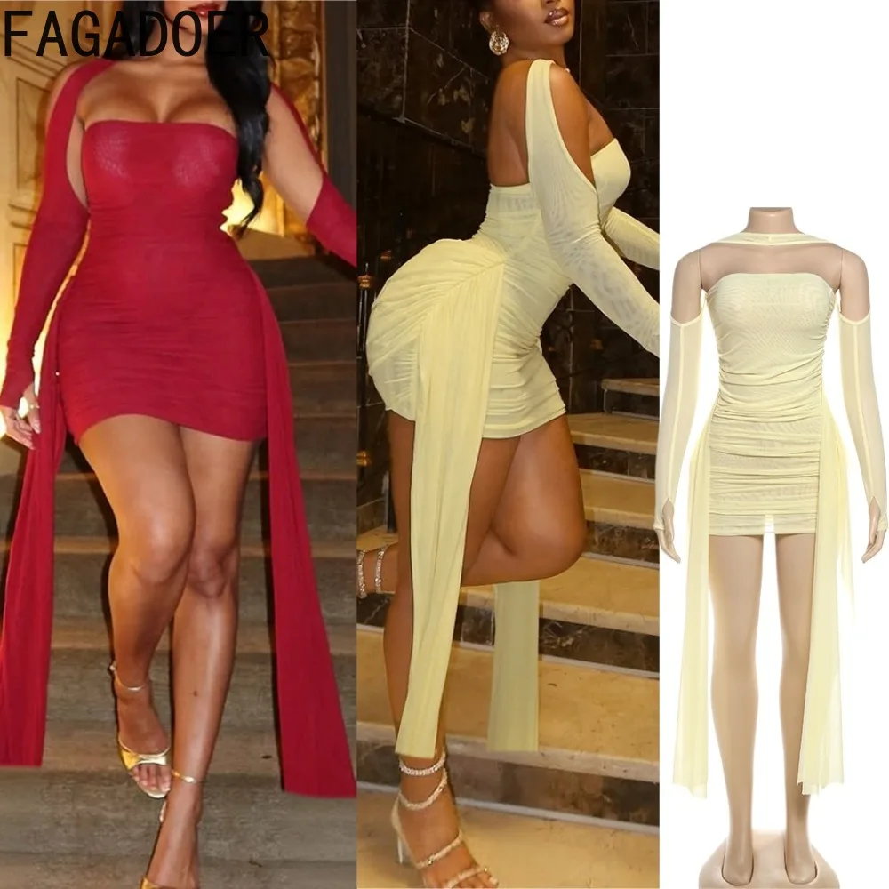 

FAGADOER Spring Summer Sexy Mesh Bodycon Dress Women See Through Finger Sleeves Ruched Patchwork 2 Pieces Set Female Streetwear
