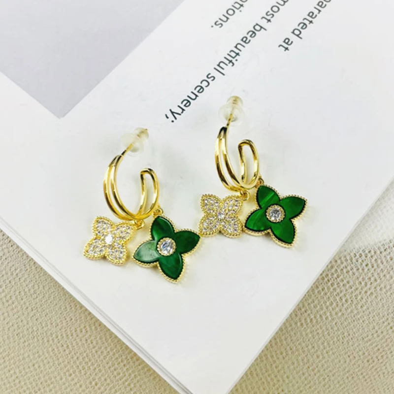 Trendy Rhinestone Four Petal Flower Earring For Women Fashion Crystal Green Plant Dangle Earrings Luxury Female Jewelry Gifts