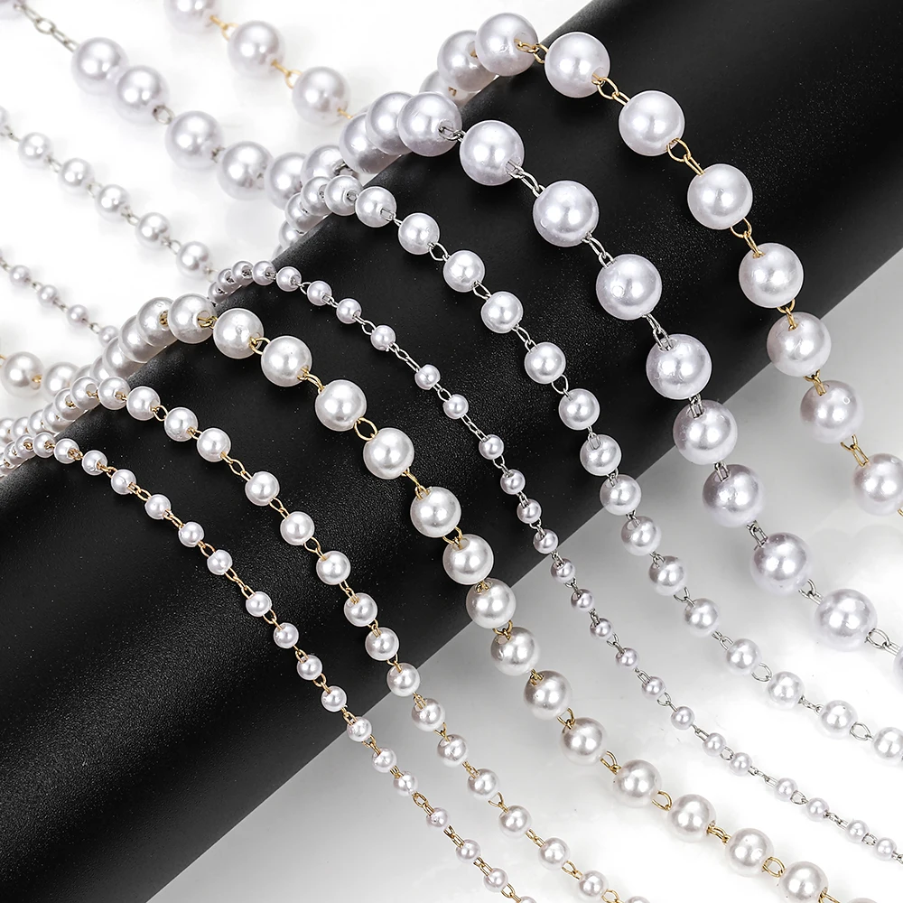 1 Meter Imitation Pearls Chain Metal Brass Beads Interval Chain for DIY Jewelry Making Bracelets Necklace Accessories Supplies