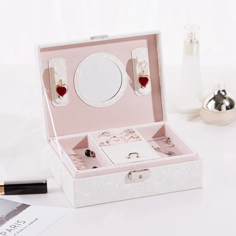 Jewelry Box For Women, 2 Layers Jewelry Storage Case With Mirror Jewelry Organizer For Necklace Earrings Bracelets White