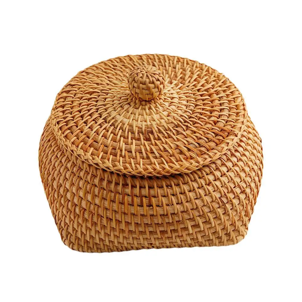 Round Rattan Box With Lid Natural Rattan Hand-woven Multi-purpose Desktop Tray Decoration Makeup Storage Jewelry Box Organi U2s3