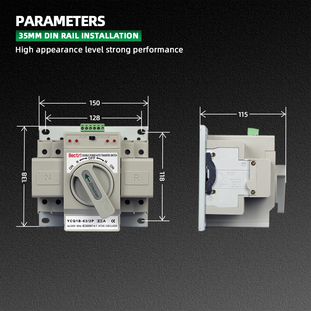 YCQ1B-63/2P Dual Power Automatic Transfer Switch MCB AC230V 2P 63A Auto/Manual Switching Circuit Breakers 50/60Hz