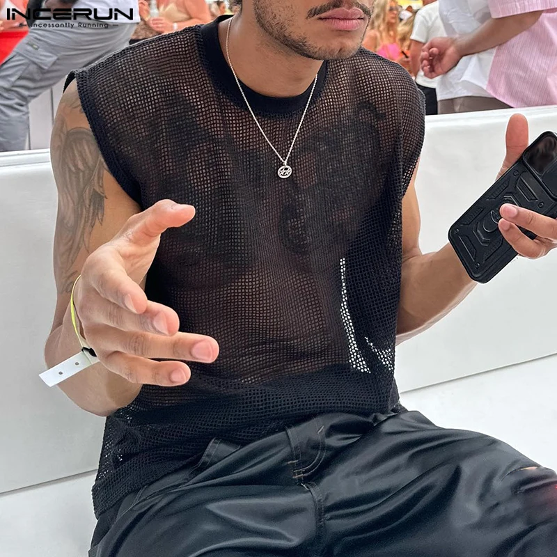 INCERUN Tops 2025 Amerikaanse Stijl Sexy heren Mesh Holle Ontwerp Vesten Casual Eenvoudige Comfortabele O-hals Mouwloze Tank Tops S-5XL