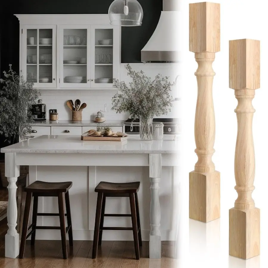 

Pcs Unfinished Kitchen Island Legs Farmhouse Solid Wood Table Legs Rubberwood Replacement Raised Panel Cabinet Column 35.4 H X 3