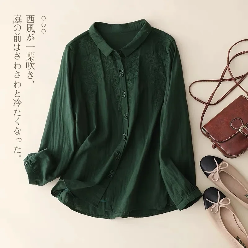 Embroidery Chinese Style Blouses Summer Vintage Women's Shirts Long Sleeve Cotton Linen Clothing Loose Women Top 2024 Korean