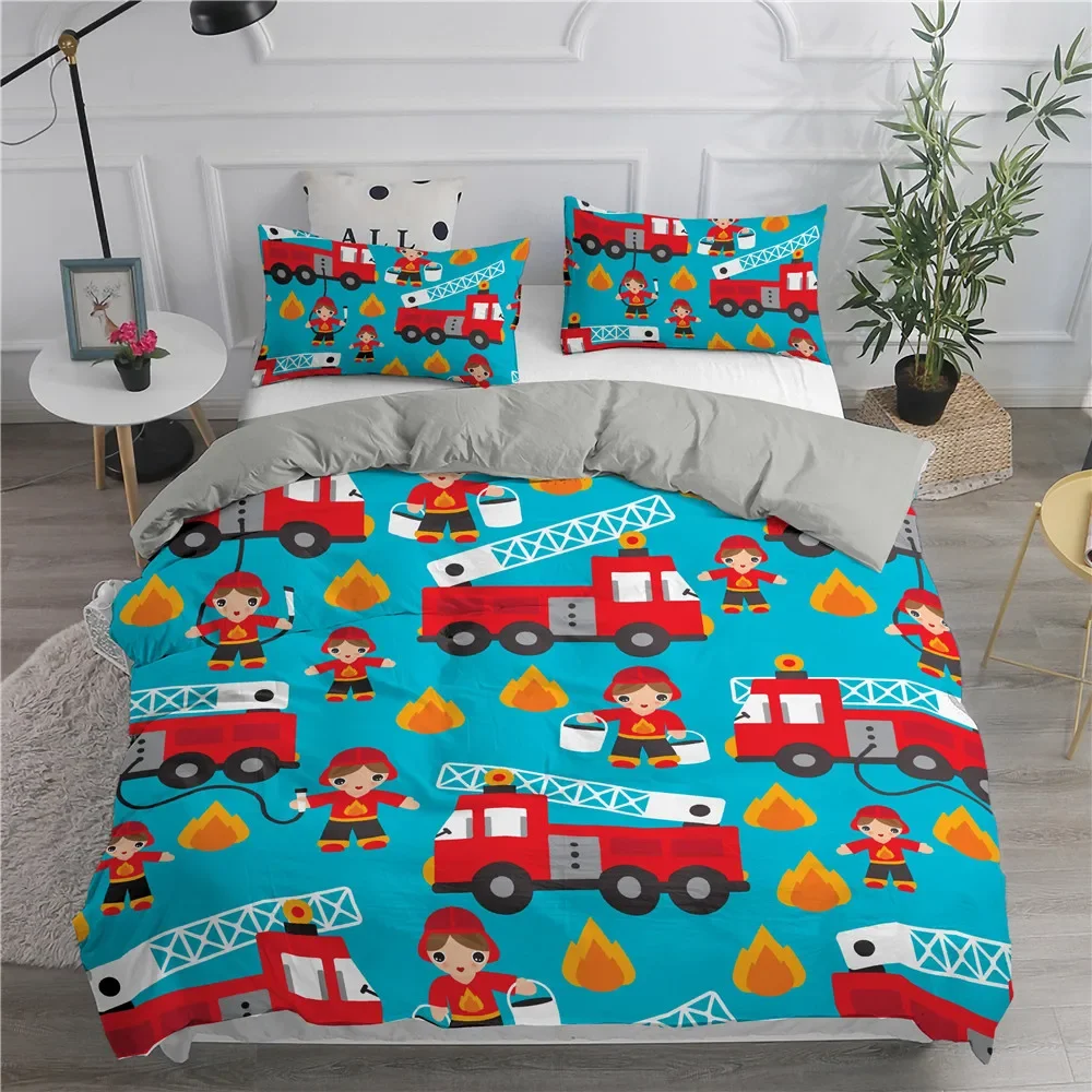 Cartoon Fire Truck King Queen Bedding Set for Boys Kids Concrete Truck Duvet Cover Tractor Crane Excavator Polyester Quilt Cover