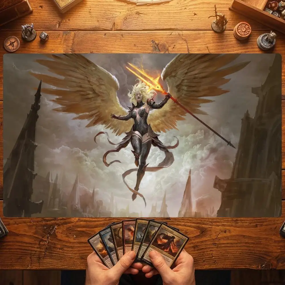 Golden Wing Fallen Valkyrie TCG Playmat 35X60CM Fire Spear Angel Magic Card Mat Non-Slip Durable Stitched Edge Tabletop Playmat