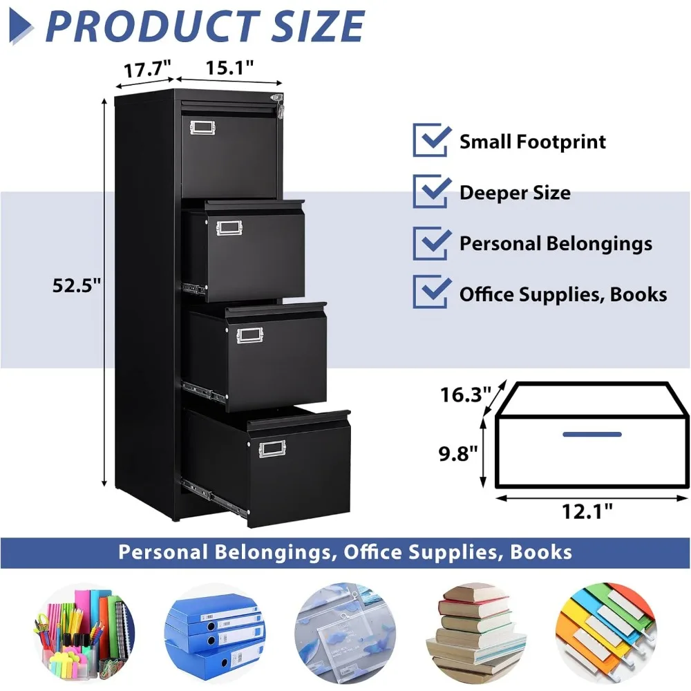 4 Drawer File Cabinet, Filing Cabinets for Home Office, Metal Vertical File Storage Cabinet with Lock, Locking File Cabinet