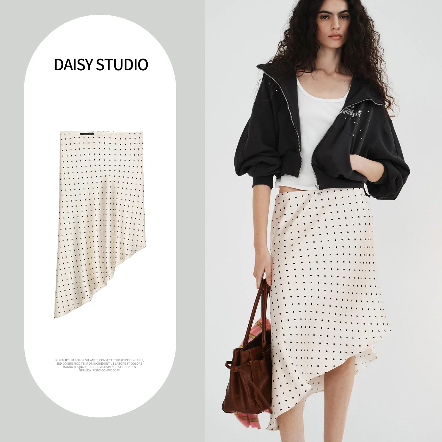 

Spring New Women's Ins Sle Polka Dot Asymmetric Hem Satin Texture Midi Skirt mid Waist Design Polyester Fiber Waed