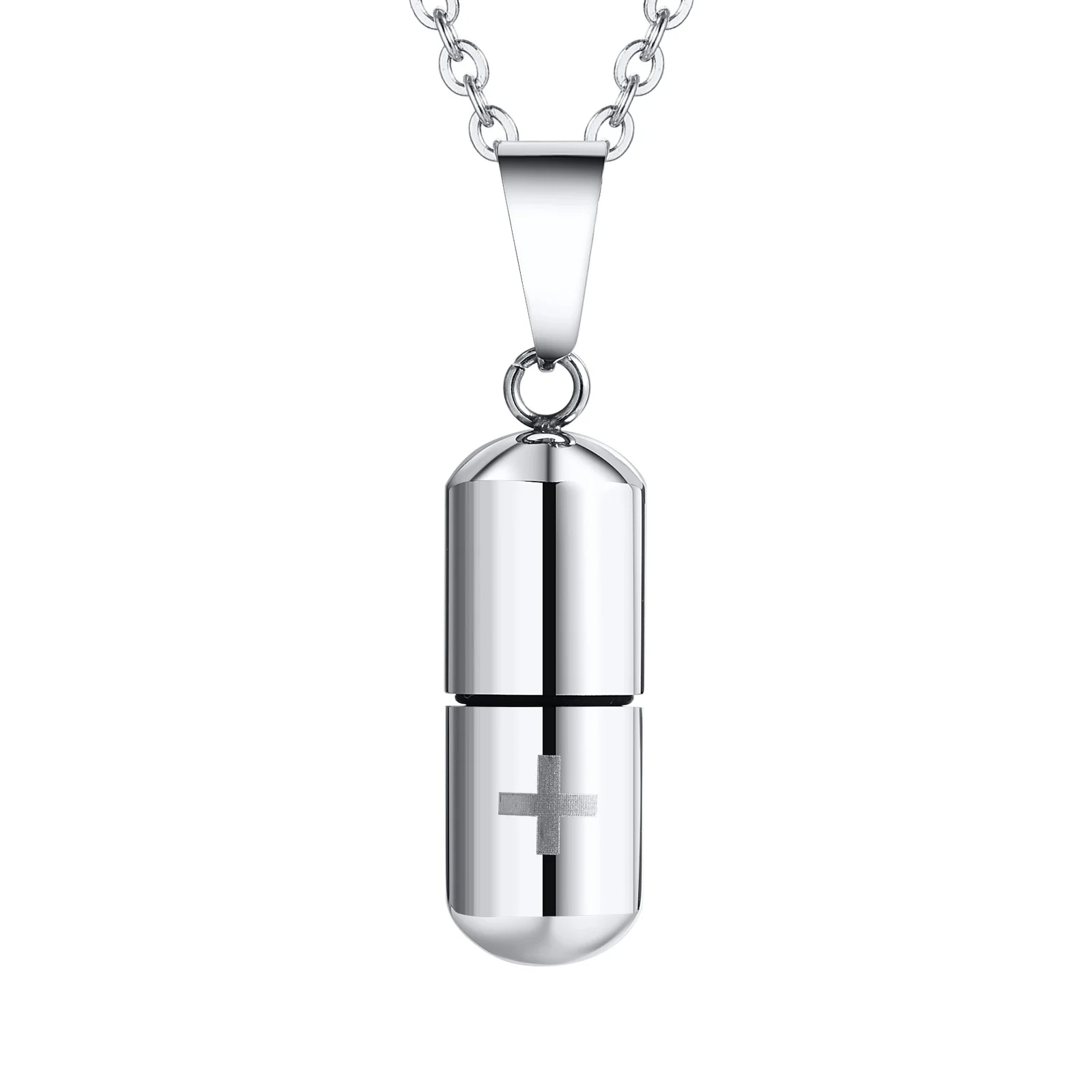 Kreuz gravierte medizinische Alarm-ID-Anhänger-Halsketten für Männer und Frauen, Edelstahl, Notfall-Pillenetui, Röhrenhalter, Gedenkschmuck – Detail 6