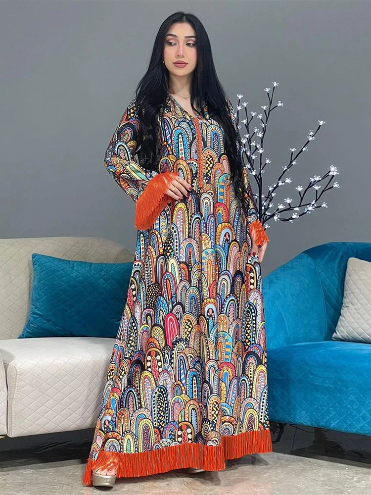 

Eid Muslim Print Tassels Dress Women Abaya Jalabiya Long Dresses Abayas Ramadan Woman Turkey Moroccan Caftan Vestidos Elegant