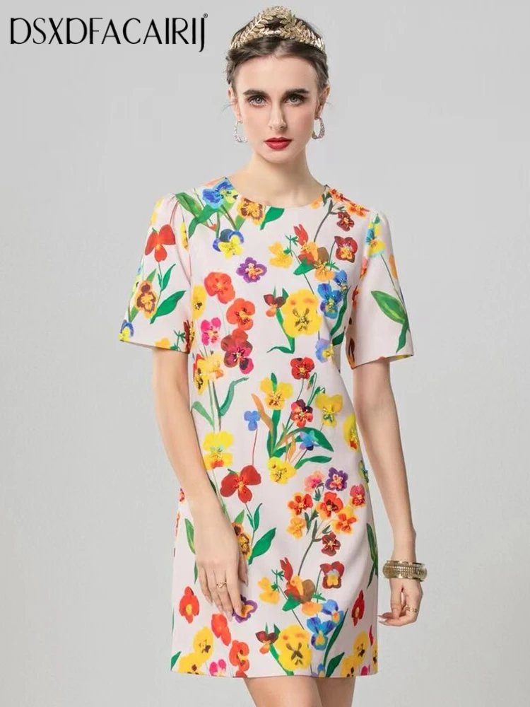 

DSXDFACAIRIJ Flowers Print Beading Mini Dress For Women O-Neck Short Sleeve Elegant Party Vest Dresses Fashion Summer Female