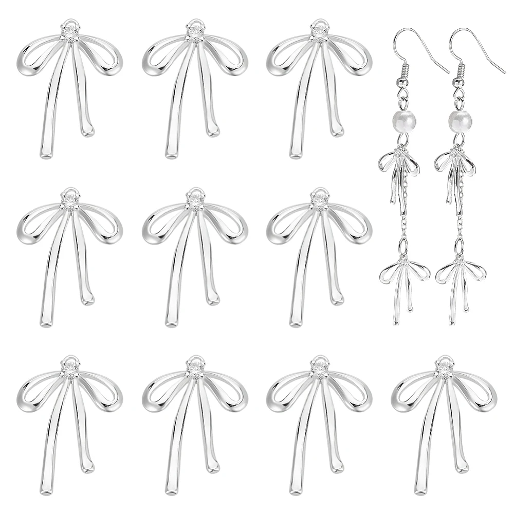 

1 Set of 5 Pairs of Brass Micro Pave Clear Cubic Zirconia Pendants, Nickel-Free, Bowknot Silver, 19X13X2.5Mm, Hole: 1Mm