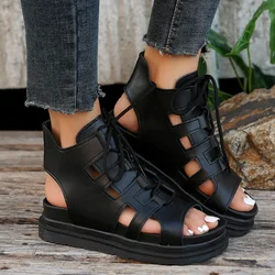 Retro Hollow Out Lace Up Women Platform Sandals Solid Color Ladies Gladiator Sandalias Back Strap Thick Botom Sport Sandles