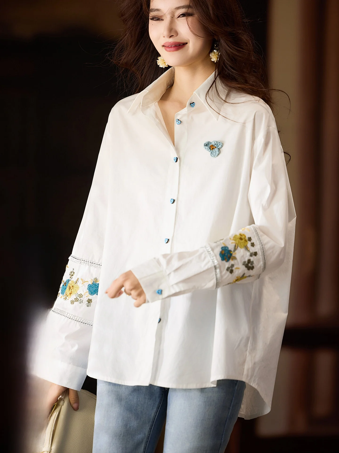 

Pure Cotton White Embroidered irt Women's Spring 2026 Large Size European Sle Long Sve irt Comfortable Breathable St...