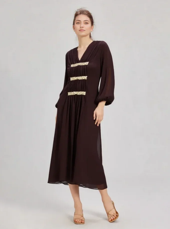 Losse pailletten V-hals lange mouwen jurk nieuwe mode Sparkle semi-transparante jurken damesjurk casual jurk herfstjurken