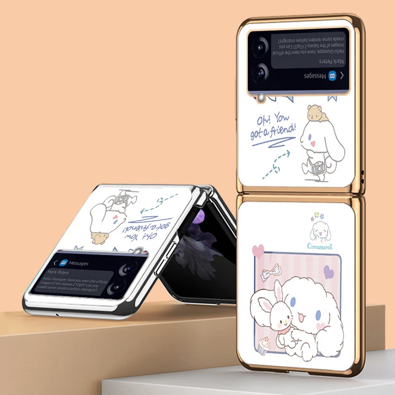 Z Flip 4 Funda Case for Samsung Galaxy Z Flip 4 3 2 1 Puppet Bunny Pattern Tempered Glass Coque Protection Phone Case Cover