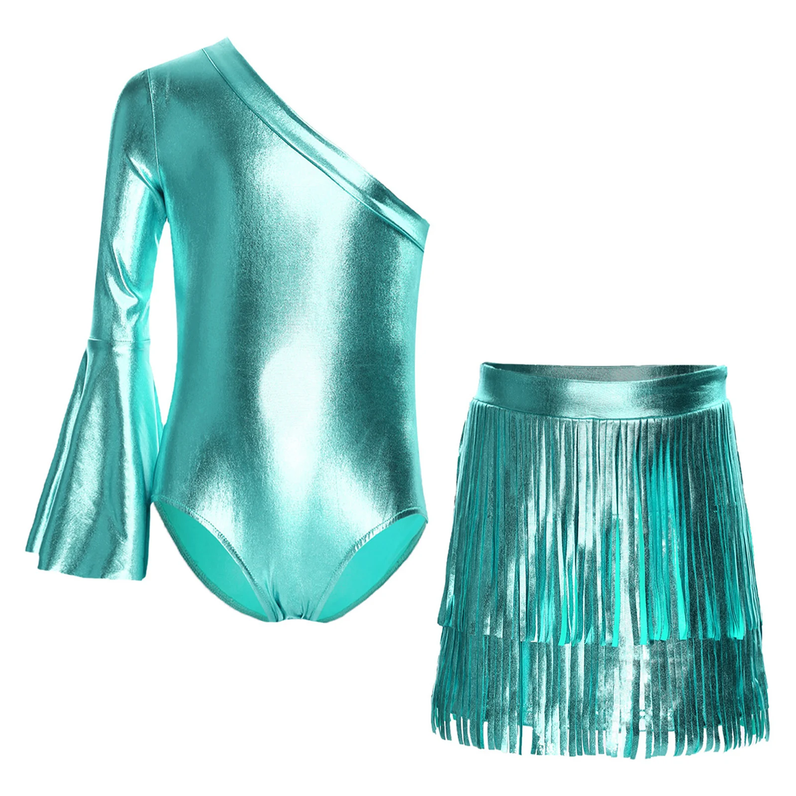

Kids Girls 2 Pcs Western Cowgirl Princess Outfit Jazz Dance Clothing Metallic Glossy Right Long Flare Sleeve Bodysuit with Skirt