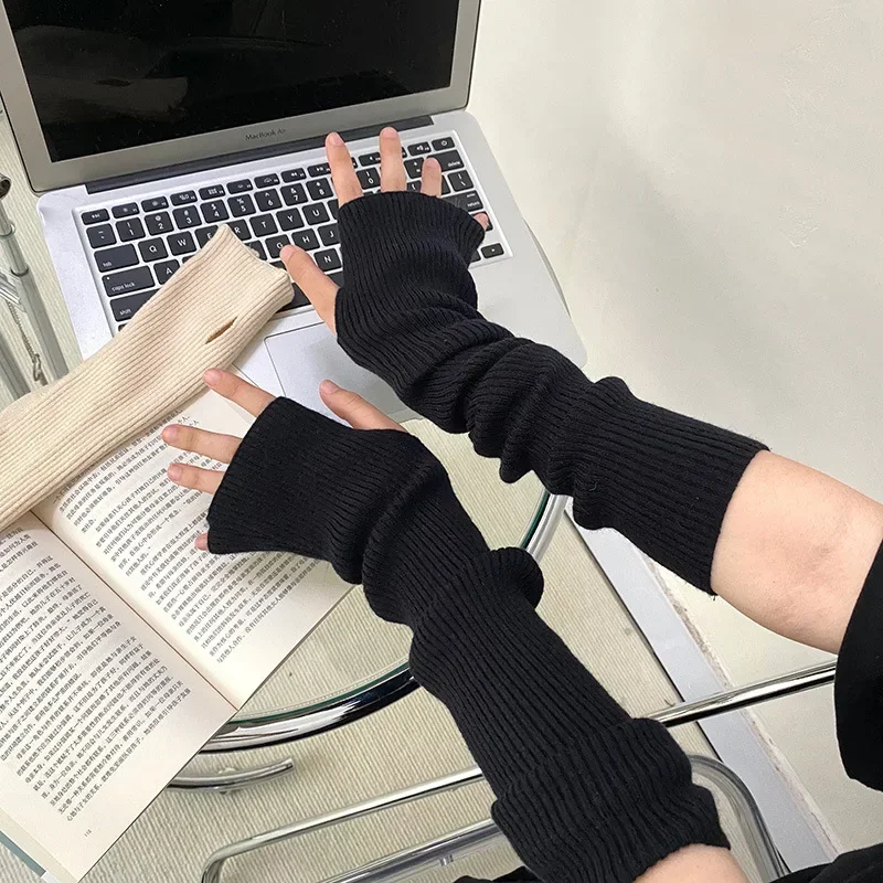 ผู้หญิงถักแขนอุ่นถุงมือยาว Fingerless Mitten ฤดูหนาว Y2K Solid แขนแฟชั่นสบายๆสาวเสื้อผ้า Punk ถุงมือ