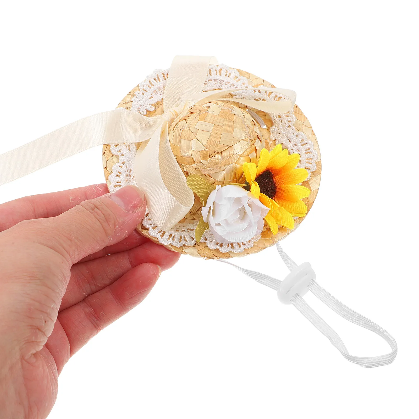 Mini Chapéu Trançado para Acessório de Verão com Laço e Flor Artificial, Charmoso e Elegante, Material de Rattan Resistente, 4Cm de Diâmetro Interno
